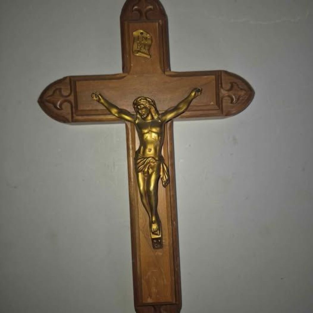 Wooden Cross with Brass Jesus Figure Religious Decor Vintage